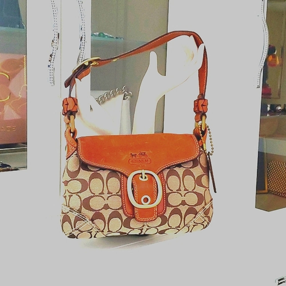 Coach Bleecker Signature Brown Canvas Leather Buckle Flap Closure Handbag Purse